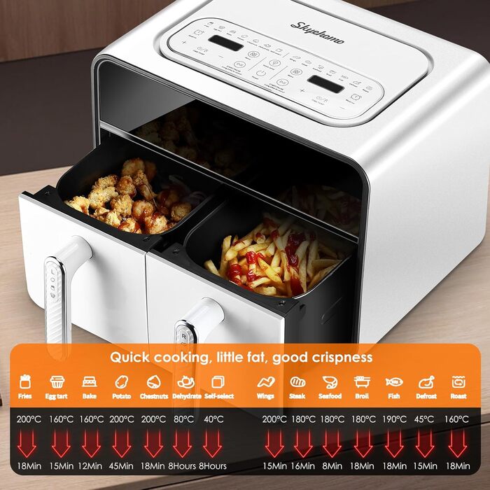 Двокамерна фритюрниця Skyehomo 2100 Вт, цифрова фритюрниця з подвійним кошиком із прозорим вікном, програми 14 в 1 і світлодіодний сенсорний екран, двокамерна фритюрниця без бісфенолу А майже без олії, резерв 24 години