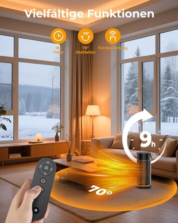 Енергозберігаючий вентилятор-обігрівач потужністю 2000 Вт, тихий керамічний швидкодіючий PTC-обігрівач з пультом дистанційного керування, таймером, функцією повороту на 70, світлодіодним дисплеєм для використання в офісі, спальні, ванній кімнаті, вдома, ч