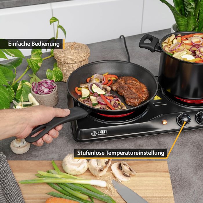 Перша в Австрії інфрачервона керамічна плита подвійна ВСІ види горщиків Подвійна конфорка 19см / 16,5см Варильна поверхня для переїзду, кемпінгу, дачного будинку - швидкий нагрів і плавне регулювання подвійний чорний