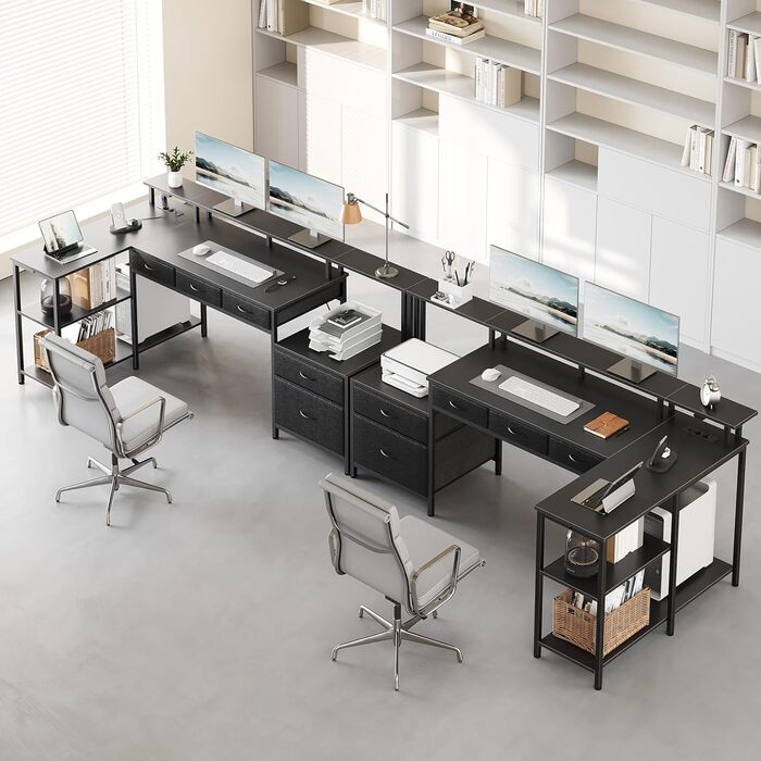 Г-подібний письмовий стіл на сім столів, комп&39ютерний стіл з розеткою, підставкою для світлодіодного освітлення та монітора, кутовий стіл з висувними шухлядами, ідеально підходить для спальні, офісу, вітальні, чорний