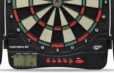 Електронна мішень для дартсу Carromco Panthera-301 Мяка мішень для дартсу з 4 лунками для 18 гравців, 32 гри та 500 варіацій, включаючи мякі дротики, червоно-зелено-бежево-чорна, 46x44,8x3,8 см