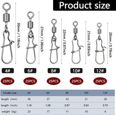 Рибальські вертлюги Aoyswuz 125 предметів, набір рибальських вертлюгів 4-12 5 розмірів, безвузлові зєднувачі для риболовлі на приманку для риби, вертлюги, аксесуари для риболовлі, вертлюги