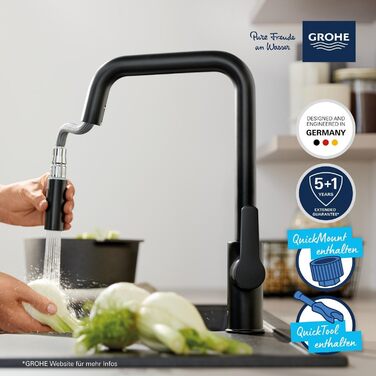 Кухонний змішувач GROHE Start, 2 режими струменя (висувний вилив, поворот на 360, економія води, монтаж без інструментів), матовий чорний, 306312430