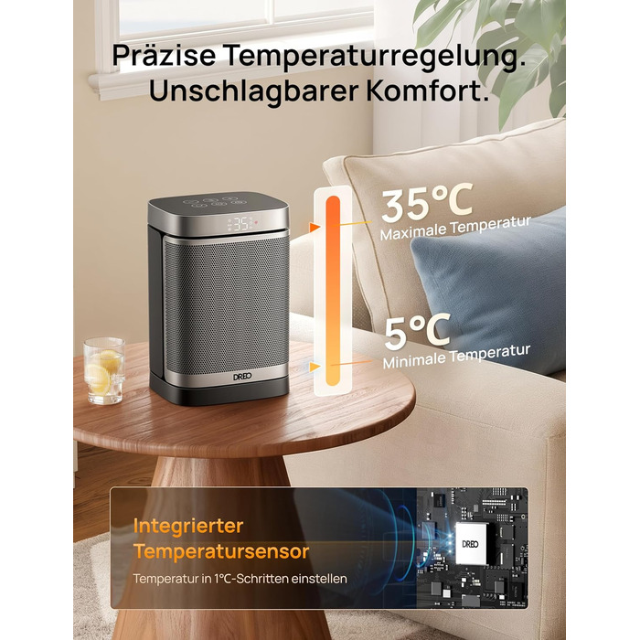 Енергозберігаючий малий електричний вентилятор-обігрівач Dreo, 1500 Вт з термостатом, коливальний електричний нагрівальний елемент 70, керамічний нагрівач PTC, тихий, режим ECO, 12-годинний таймер, захист від перегріву та перекидання, стандартний срібляст