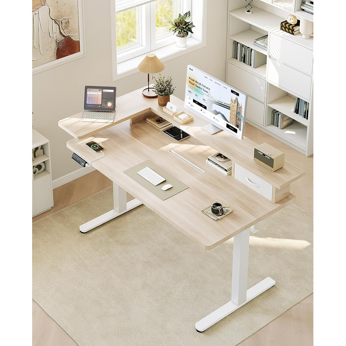 Електричний стіл OffiGo з регульованою висотою, шухлядою та USB-портом, 120 x 60 см, ергономічний комп&39ютерний стіл для роботи сидячи та стоячи, клен 120 x 60 см, бежевий
