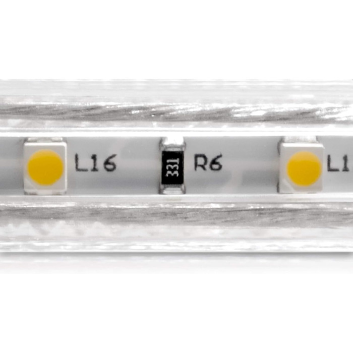 Метрова професійна світлодіодна стрічка тепла біла, 60 LED/m, IP68, 230V, 3528 SMD, 5 Вт/м, 300 лм/м, в т.ч. шнур живлення (євровилка), для відкритих та вологих приміщень, 10