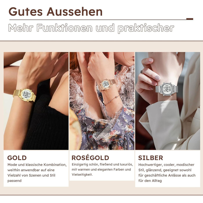 Крокомір, водонепроникний цифровий годинник для відстеження фітнесу, без Bluetooth та додатку, годинник для старших людей з крокоміром та лічильником калорій, спортивний годинник для ходьби/бігу, рожеве золото, жіночий, ширина ремінця 18 мм