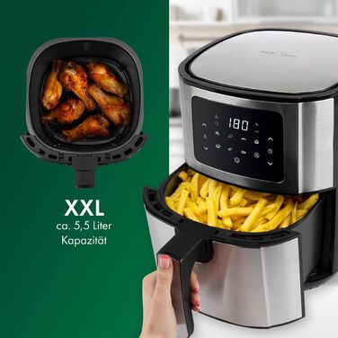 Фритюрниця ProfiCook Фритюрниця 1400 Вт Гаряче повітря 5,5 л Місткість XXL Без масла та жиру Фритюрниця Світлодіодний сенсорний екран 7 Програми Нержавіюча сталь для картоплі фрі, нагетсів і багато іншого. PC-FR 1239 H