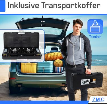 Туристична плита ZMC Premium з 2 конфорками, 2,5 кВт, п&39єзоелектричним запалюванням та футляром для перенесення Подвійна газова плита для використання на вулиці, балконі та в приміщенні Комплект газової плити (додатково) включає пластину для гриля 45x24