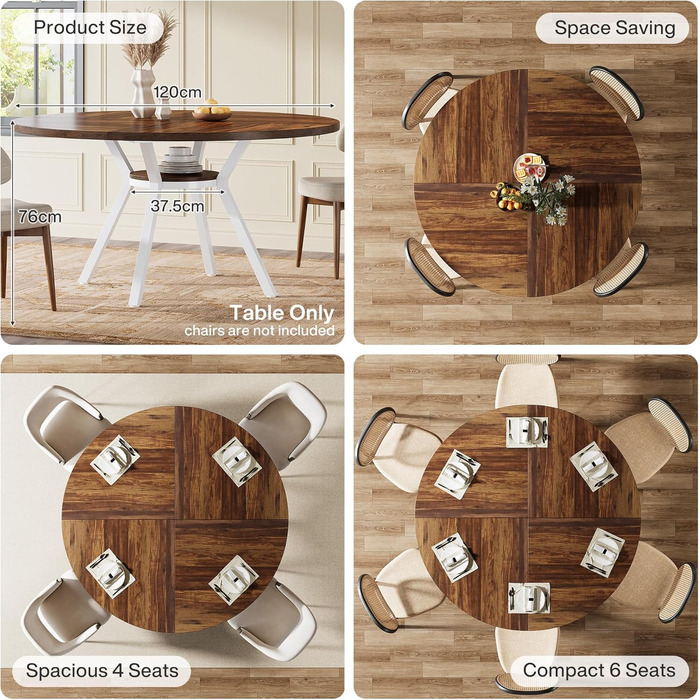 Круглий обідній стіл Tribesigns для 4 осіб, круглий обідній стіл 120 см з металевою основою, кухонний стіл з полицею для зберігання для дому, їдальні, вітальні, білий (коричневий)