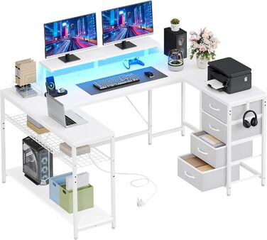 Кутовий стіл YITAHOME з 4 шухлядами та місцем для зберігання, ігровий стіл зі світлодіодним освітленням та підставкою для монітора для домашнього офісу, двосторонній кутовий стіл з 2 розетками та 2 портами зарядки USB, 158 см, білий 158 x 100 x 90 см