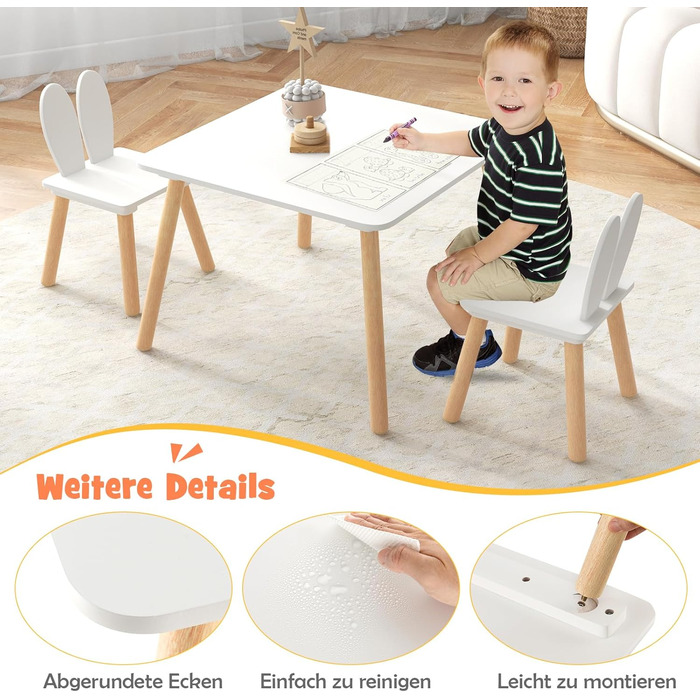 Дитячий стіл DREAMADE з 2 стільцями, комплект дитячих сидінь зі спинкою у формі кролячих вух та ніжками з масиву дерева, комплект із 3 предметів для дітей від 3 років для дитячих кімнат та дитячих садків, білий (білий)
