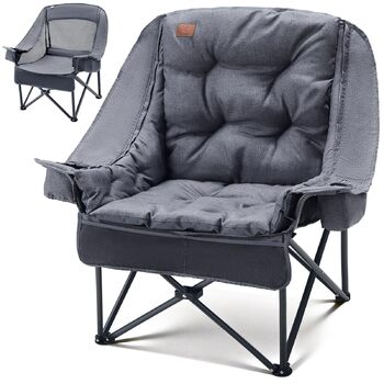 Складаний кемпінговий стілець EVER ADVANCED 2-в-1, великий зі знімною оббивкою товщиною 6 см, вантажопідйомність 180 кг, складний стілець з боковими кишенями, відділенням для холодильника та тримачем для напоїв для кемпінгу, саду, риболовлі, сірого кольор