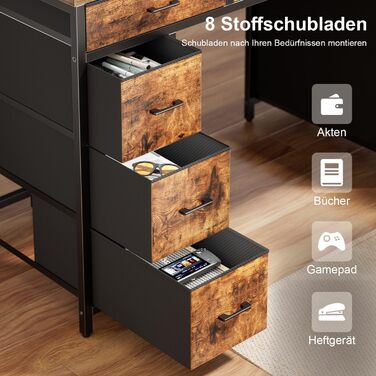 Письмовий стіл з 8 шухлядами, комп&39ютерний стіл з 2 розетками та 2 USB-портами для зарядки, офісний стіл зі світлодіодним освітленням та підставкою для монітора, ПК-стіл для офісу, вітальні, 120 x 50 x 74 см, коричневий