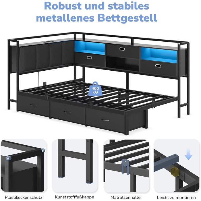 Диван-ліжко зі світлодіодним освітленням та зарядною станцією (2 розетки змінного струму 2 USB-порти), дитяче ліжко 90x200 см з 6 шухлядами, кушетка 90x200 см, м&39яка спинка з прихованим місцем для зберігання речей