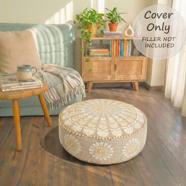 Кругла підлогова подушка Mandala Life ART XXL з помпонами, бежева, великий пуф/табурет, подушка для сидіння в стилі бохо, розкішна з художнім декором кімнати, плюшева, 100 бавовна, без наповнювача, 60x20 см, чохол для подушки 60x20 см, бежевий