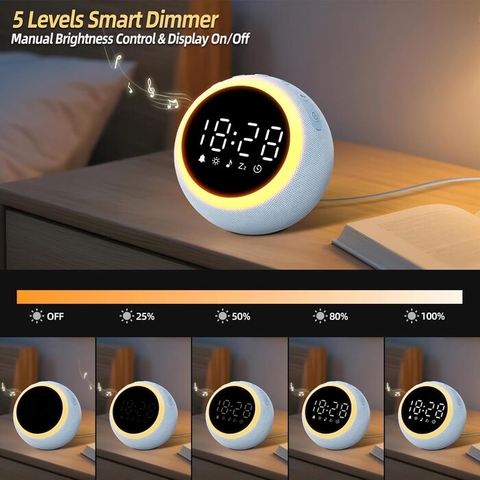 Розумний цифровий будильник з 25 розслаблюючими звуками, нічником, кнопкою повтору будильника, таймером та регульованою гучністю/яскравістю - білий шум для сну для дітей, дівчаток та дорослих у спальні, 12 см, синій