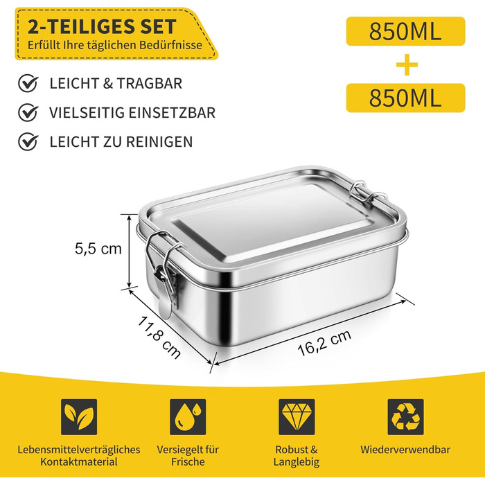 Набір металевих ланчбоксів Joyfair з роздільниками, 2 шт. Бенто-бокси з нержавіючої сталі зі знімними перегородками для дорослих та дітей, герметичні, для кемпінгу, пікніків, подорожей та роботи 850 мл 850 мл