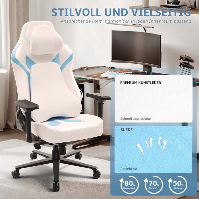 Геймерське крісло, ігрове крісло вантажопідйомністю 200 кг, ергономічне офісне крісло з функцією гойдання, геймерське крісло з підголівником та поперековою опорою, 4D підлокітники, офісне крісло з високою спинкою, ігрове крісло, біло-синє