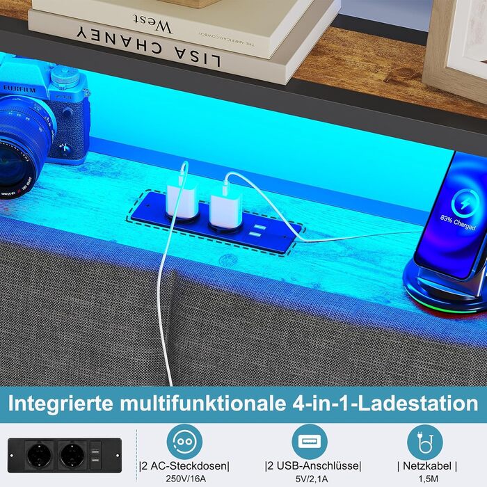 Ліжко 180x200 з металевою рейковою основою, двоспальне ліжко 180x200 см зі світлодіодним підсвічуванням, каркас ліжка 180x200 см з узголів&39ям та зарядною станцією (2 розетки змінного струму, 2 USB-порти) Сучасне, сіро-сірий 180x200 см