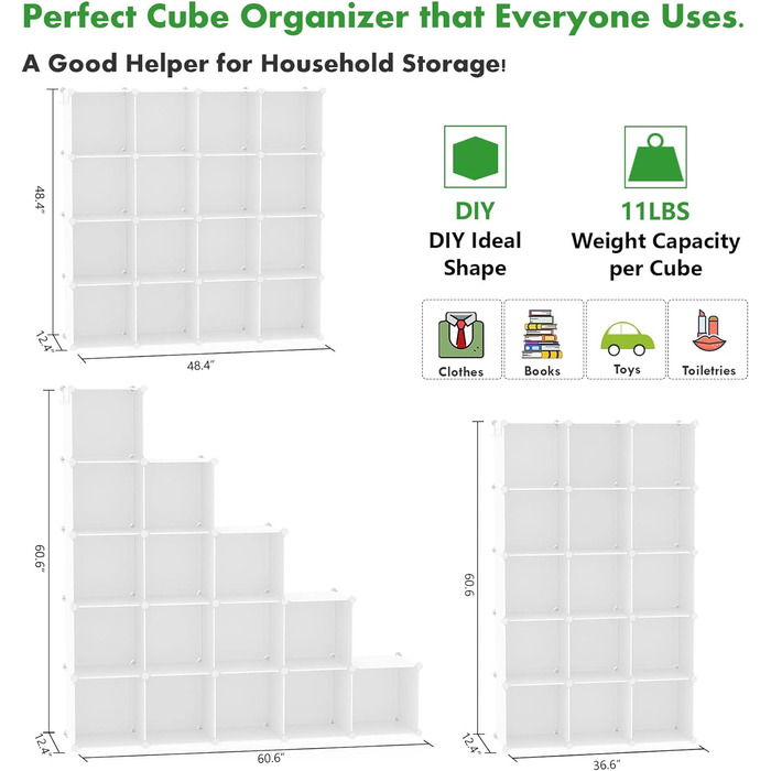 Кубоподібна полиця для зберігання, 16 кубічних полиць, шафа, модульна пластикова полиця своїми руками, ідеально підходить для спальні, вітальні, офісу, 122 см Д x 31 см Ш x 122 см В, молочно-білий, UPCS16M 16 кубів