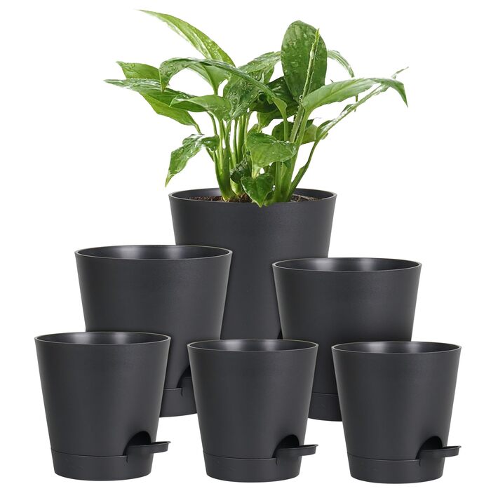Набір із 6 самополивних квіткових горщиків, 20,3/17,8/16,5/15,2/14/12,7 см, горщики для рослин із системою поливу, кашпо з блюдцем, набір квіткових горщиків, ідеально підходить для кімнатних та балконних садів, чисто чорний колір