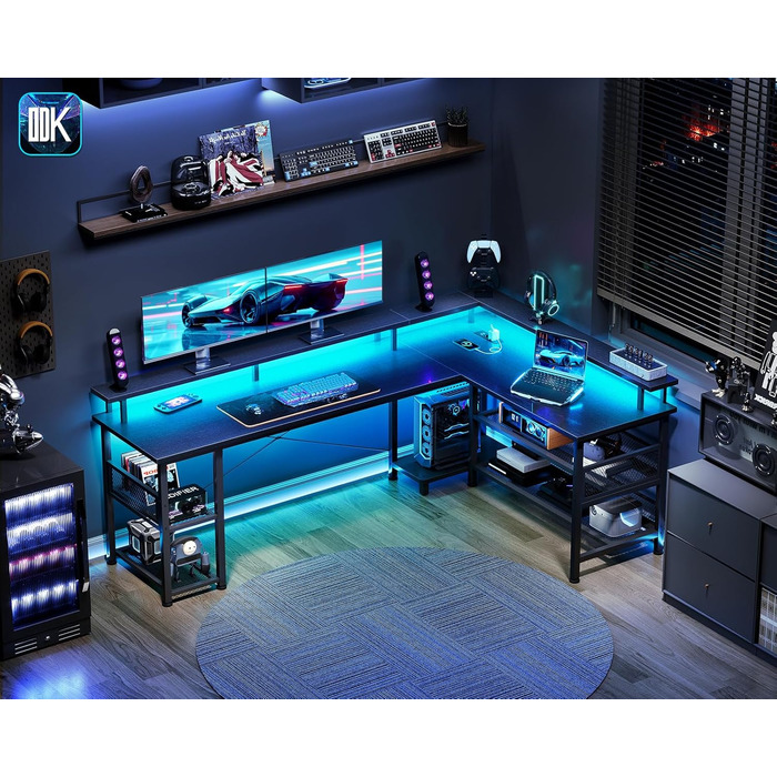 Ігровий стіл ODK зі світлодіодним освітленням, двосторонній ігровий стіл 168120 см з 2 розетками та 2 портами USB для зарядки, великий кутовий стіл із сітчастою полицею, чорний 168120 см чорний