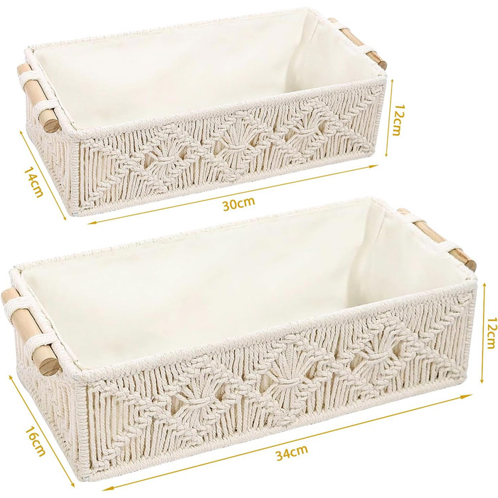 Набір із 2 плетених кошиків для зберігання макраме, декоративні коробки, бохо-декор, ручна робота з макраме з бавовняної мотузки з ручками для декору, подарунковий кошик, кошик для хліба, кошик для зберігання закусок (білий)