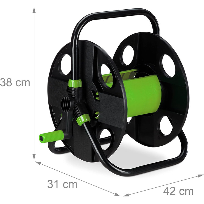 Котушка для шланга Relaxdays, для 30 м шланга 1/2, сталь, пластик, тримач шланга, 38 x 42 x 31 см, чорний/зелений