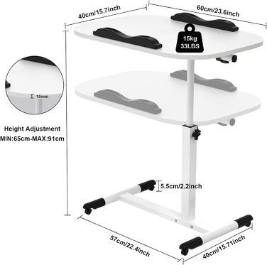 Невеликий розкладний стіл, бічний столик на колесах, регульований по висоті, комп&39ютерний стіл, мобільний стіл для роботи стоячи, ергономічний, поворотний на 360 (білий, 60 x 40 x 61 95 см) 60x40x61-95 см Білий