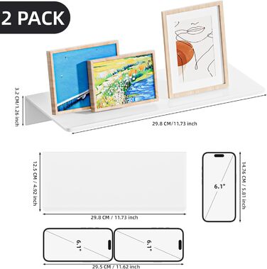 Біла металева настінна полиця, комплект з 2 шт. - Нержавіючий алюміній - Плаваюча полиця - полиця для душу 30 см, не потребує свердління, ідеально підходить для декору та настінного зберігання в будь-якій кімнаті, біла, 30 x 12,5 см