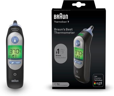 Вушний термометр Braun ThermoScan 7 (точність за віком, кольоровий дисплей температури, лихоманка, безпечний, гігієнічний, клінічно точний, ніжний) IRT6520, ука (1 упаковка), цифровий (6520 чорний)