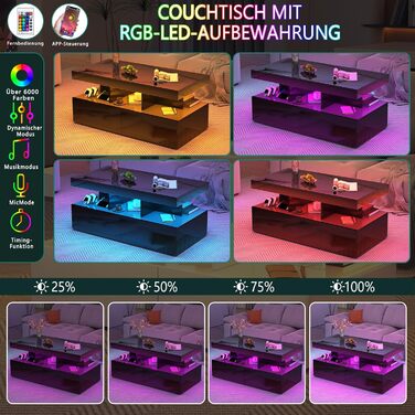 Глянцевий журнальний столик зі світлодіодним освітленням, сучасний журнальний столик для вітальні, чорний журнальний столик з відкритою полицею та 2 шухлядами, прямокутний журнальний столик для вітальні, 104x53x46 см