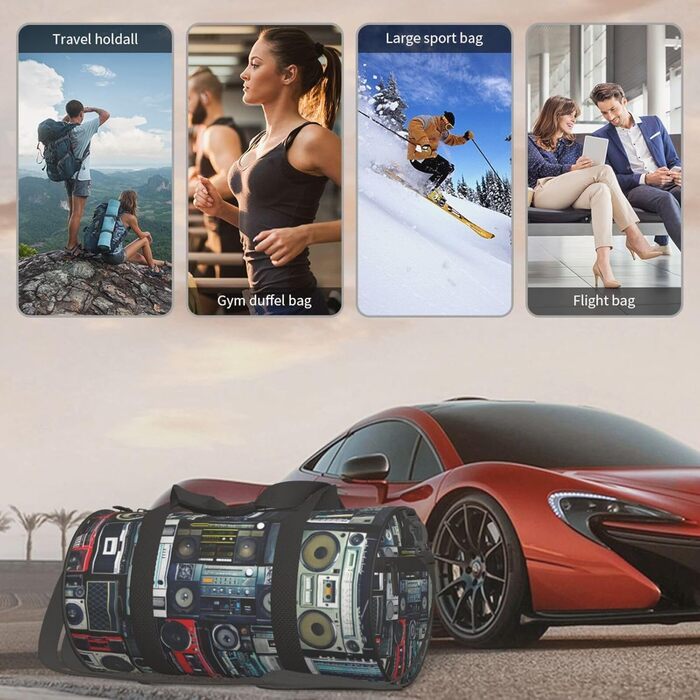 Спортивна сумка, дорожня сумка, вінтажний стиль, принт Радіостіна, сумка на нічліг, чорна, універсальний розмір, сумка для подорожей