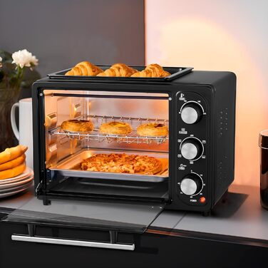 Міні-піч 3в1 20 літрів з конвекцією з нагрівальною плитою 2 дека для випікання решітка для гриля Міні піч Піч для піци Циркулююче повітря з можливістю перемикання знімна пластина для гриля 60 хв. Таймер 1300 Вт 20 літрів з плитою для гриля