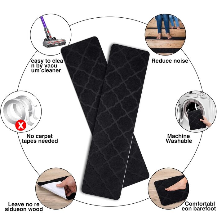 Сходинки для дерев&39яних сходинок, 15 шт. , 20,3 x 76,2 см, килим, сходова доріжка, для використання в приміщенні, нековзні килимки для сходів для дітей, людей похилого віку та домашніх тварин, 8x30 дюймів, квітковий/чорний 15