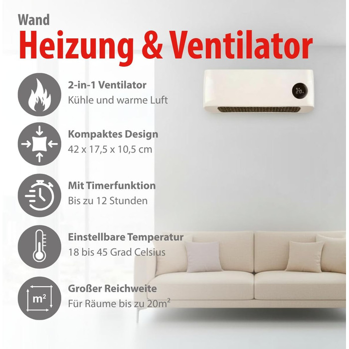 Настінний вентилятор-обігрівач Alpina 2000 Вт керамічний променевий обігрівач з 2 рівнями потужності та таймером цифровий термостат компактний настінний обігрівач настінний монтаж