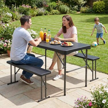 Складаний пластиковий пивний садовий набір Sekey Обідній стіл 113 x 61 см з 2 лавками для 4 осіб Набір для пивного саду для приміщень/вулиці Садовий комплект пивних столів (чорний) Чорний/113 см