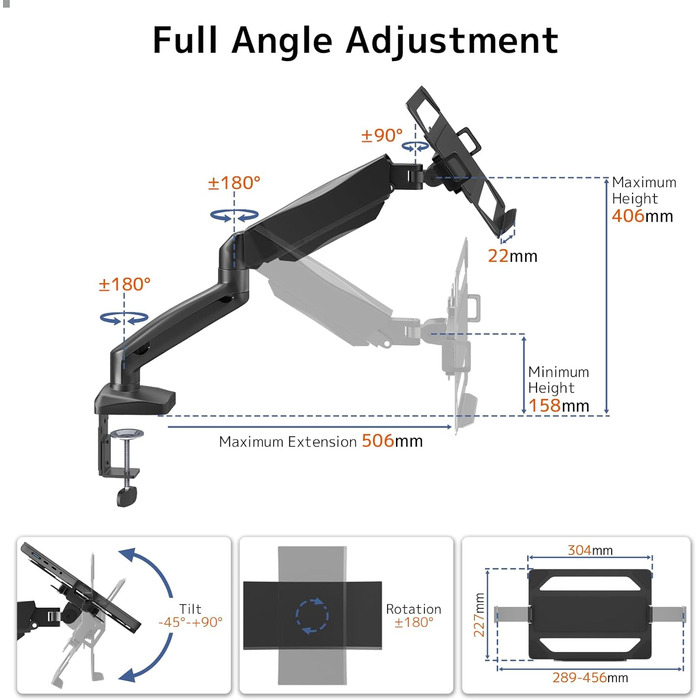 Універсальний тримач для ноутбука та монітора 2-в-1, для ноутбуків 11.6-17.3 та моніторів 17-32, навантаження до 9 кг, VESA 75/100 мм, кріплення на стіл (затискач та отвори)