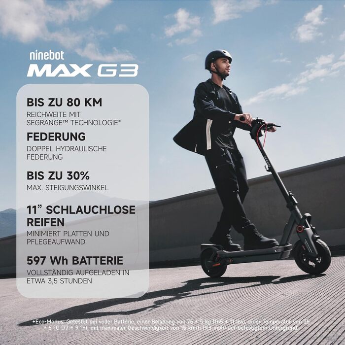 Електросамокат Segway-Ninebot MAX G3 D запас ходу до 80 км (Eco) / 75 км (Sport), подвійна гідравлічна підвіска, вантажність 130 кг, Smart-дисплей, зарядка за 3,5 год