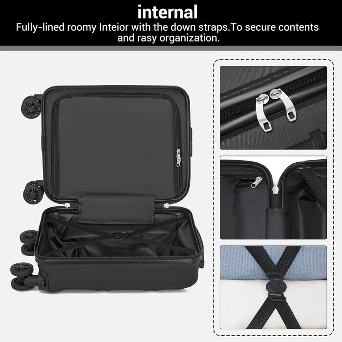 Компактний ручний багаж KONO з від'ємними колесами, 40x30x20 см (без коліс). Легкий борт-валіза з ABSPC для Ryanair, EasyJet & Eurowings (Чорний) 40x30x20 см - Ryanair Чорний