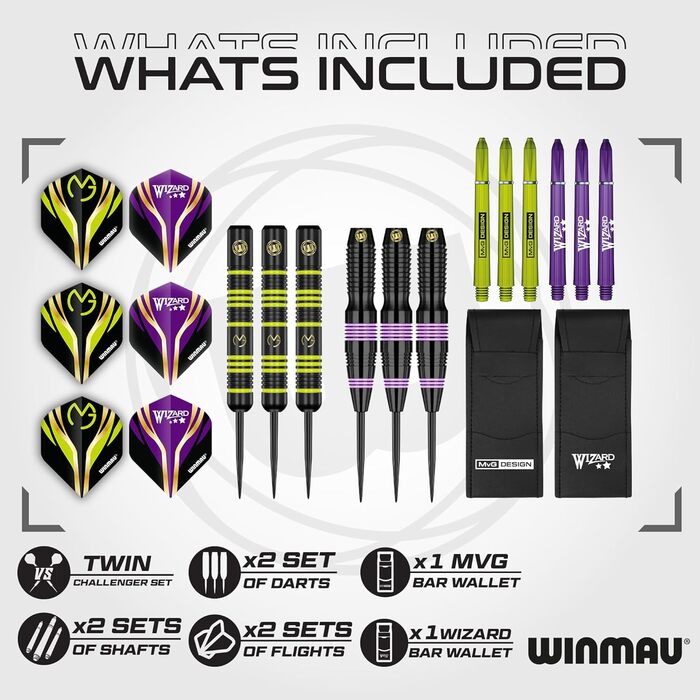 Дартс WINMAU Майкл MvG Ван Гервен проти Саймона Чарівника Вітлока Подвійний набір Набір дротиків зі сталевим наконечником, латунь, 22 г, з льотками та древками