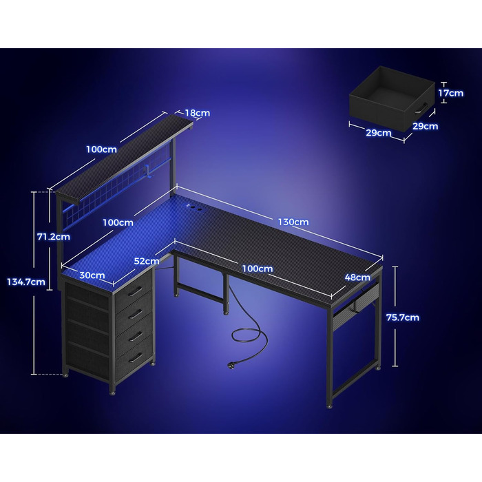 Ігровий стіл Coleshome зі світлодіодним підсвічуванням, 130 x 100 см, двосторонній ігровий стіл з шухлядами та розетками, кутовий стіл з відділенням для зберігання та полицями, чорний колір з вуглецевого волокна 130 x 100 см, чорний колір з вуглецевого во
