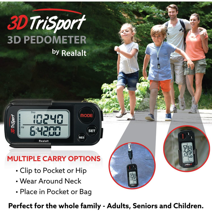 Крокомір Realalt 3DTriSport 3D із затискачем та ремінцем, в комплекті електронна книга 30-денна пам&39ять, точний крокомір, відстань ходьби в милях/км, лічильник калорій, щоденне відстеження часу тренувань (чорний)