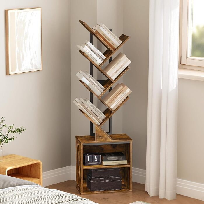 Книжкова полиця у формі дерева, 9-ярусна окремостояча полиця, стійка для CD/DVD, дерев&39яний каркас з металевим каркасом, кутова полиця, що економить місце, окремостояча книжкова вежа для вітальні, спальні, офісу, бібліотеки, вінтажний коричневий колір
