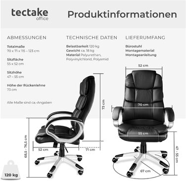 Крісло керівника tectake, офісне крісло з підкладкою 12 см, робоче крісло з підлокітниками та функцією гойдання, ергономічне офісне крісло, регульоване по висоті, ПК-крісло, обертове крісло з колесами, під шкіру - чорне