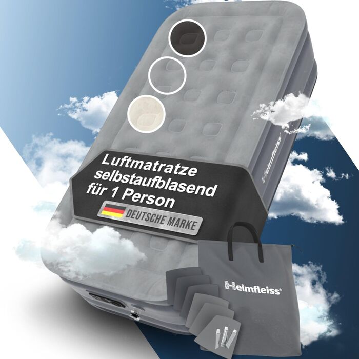 Надувний матрац Heimfleiss для 1 особи Преміальний самонадувальний надувний матрац 100x200 см Швидко надувається, ідеально підходить як ліжко для гостей та ліжко для подорожей Самонадувальний кемпінговий надувний матрац насос, 1 особа, сірий