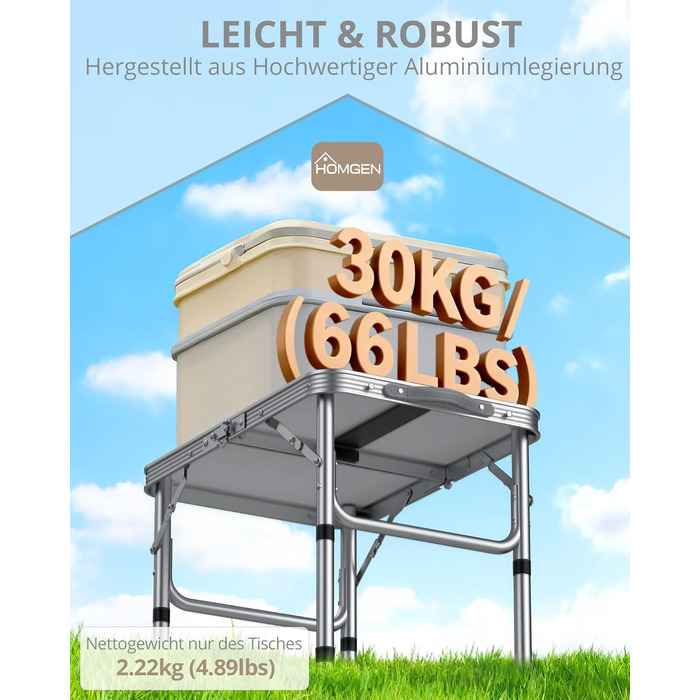 Складаний стіл для пікніка HOMGEN 58x40 см, регульована висота у 3 напрямках, розкладний стіл, стіл для пікніка, балкон, стіл для барбекю, садовий стіл, кемпінговий стіл, легкий та портативний для активного відпочинку, балкону, саду - чорний