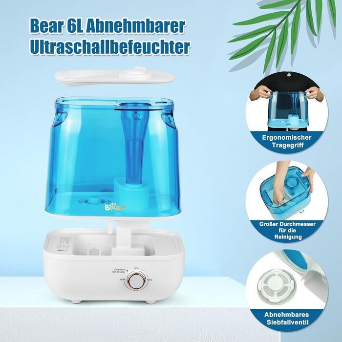 Зволожувач повітря Bear 2023 6 л з двома вихідними насадками, ергономічна ручка для перенесення, з піддоном для ароматерапії, розт