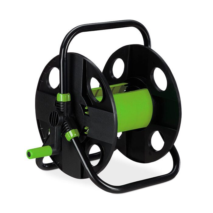 Котушка для шланга Relaxdays, для 30 м шланга 1/2, сталь, пластик, тримач шланга, 38 x 42 x 31 см, чорний/зелений